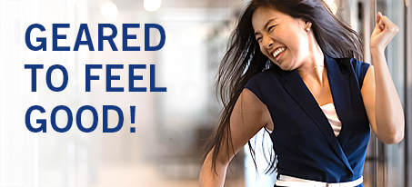 Girl dancing with text "Geared to feel good"