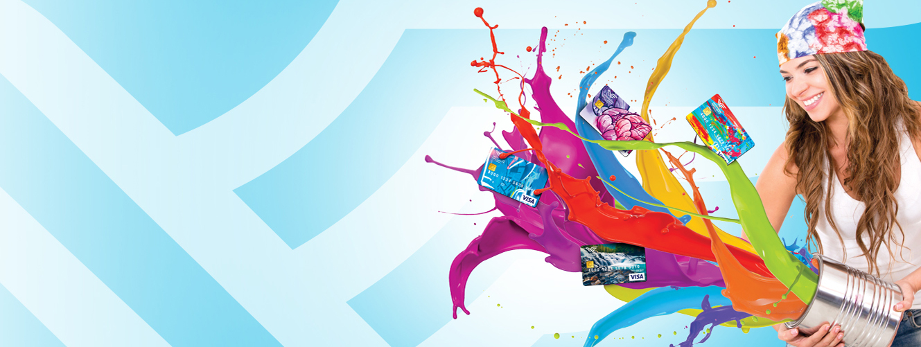 Hero Image of a happy woman showing her creativity by splashing vibrant paint colors intermixed with samples of debit cards.